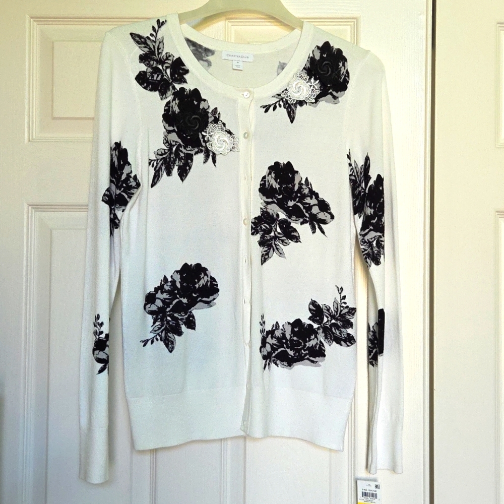 Black Floral Printed Applique White Cardigan - NWT